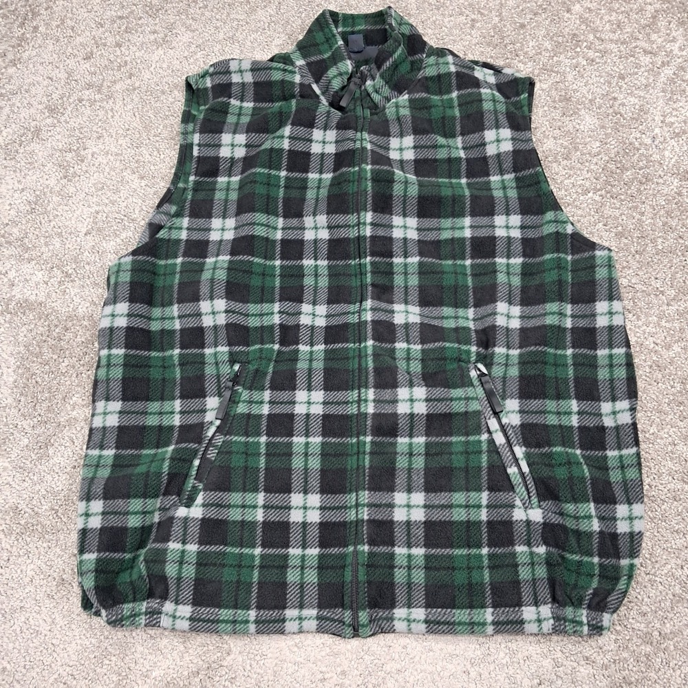 KingSize Mens 2XL‎ Big Green Plaid Fleece Vest Full Zip 65-0446-8